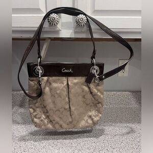 Vintage Coach Beige Signature Canvas Crossbody Bag with Dark Brown Leather Trim